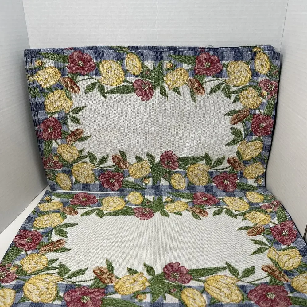 Tulip Flowers Blue White Checked Border Woven Tapestry 19